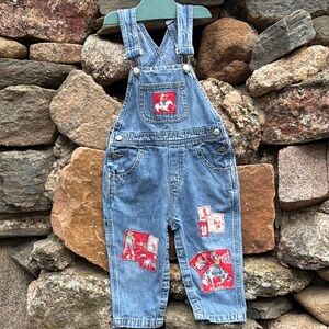 Betsy Hannah Studio Vintage Denim Overalls with Red Western Patches